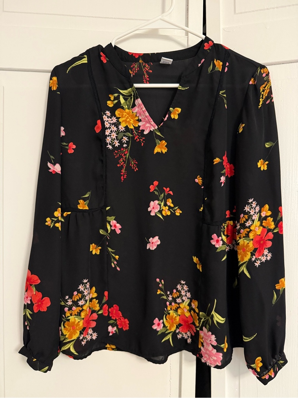 Old Navy Black Floral V-Neck Blouse with Yellow and Pink Flowers
